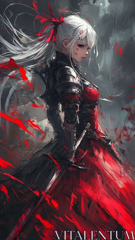 Crimson-armored sword maiden stands amid swirling battle strokes.