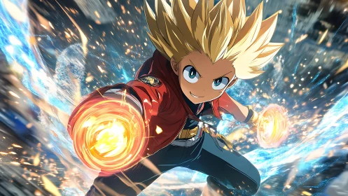 Charging blond hero unleashes twin blazing energy fists.