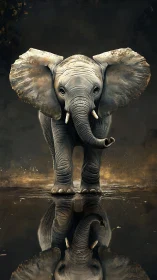 Gentle young elephant meeting its mirrored reflection.