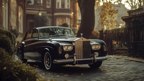 Classic luxury sedan gleams on a sunlit cobblestone street