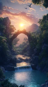 Sunlit stone arch over turquoise cascade in lush valley.