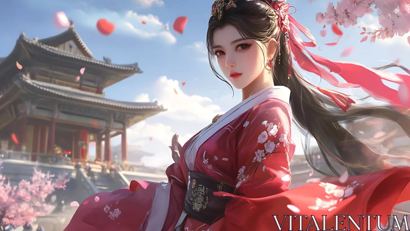 Digital painting of Hanfu woman in red before palace in spring