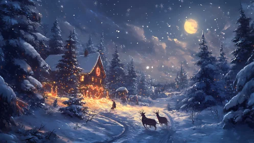 Moonlit snowdrifts listen as a lantern cottage hums warm secrets