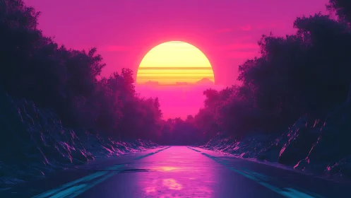 Neon sunset over wet road between dark forested hills.