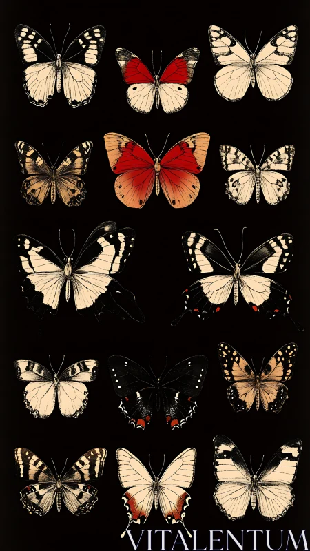 Vintage butterfly specimens on deep black entomology plate