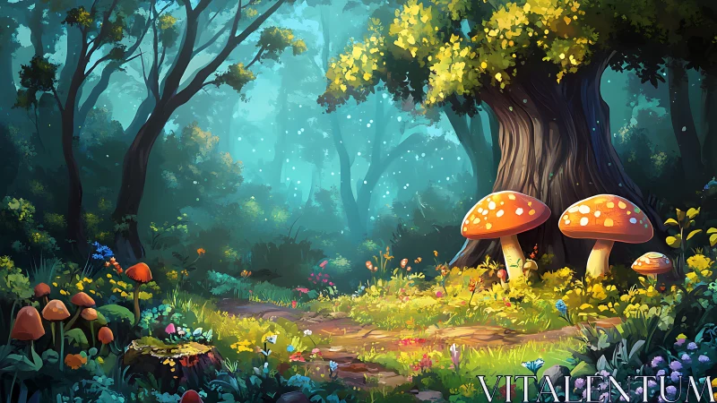 Enchanted Forest Glade with Glowing Mushrooms and Ancient Trees.