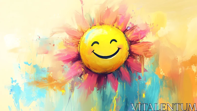 Smiling sun face in vivid abstract colorful brushstrokes.
