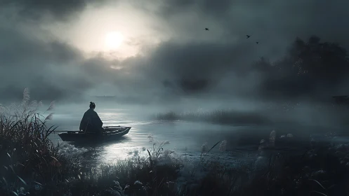 Solitary figure rows through mist-laden river at cold dawn