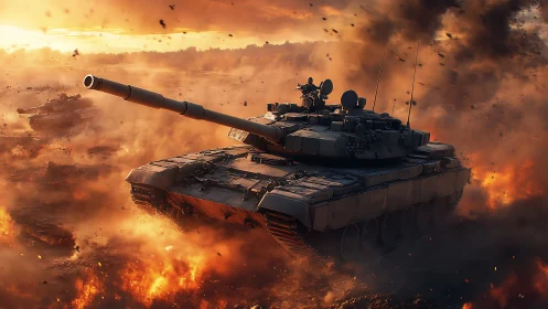 Main battle tank advancing through high-energy firestorm theater.