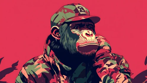 Vector chimpanzee portrait in camo jacket on flat magenta field.
