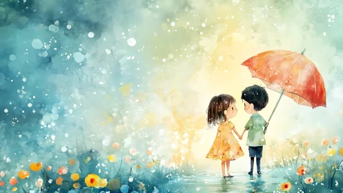 Two Children Sharing Red Umbrella in Rain Among Flowers