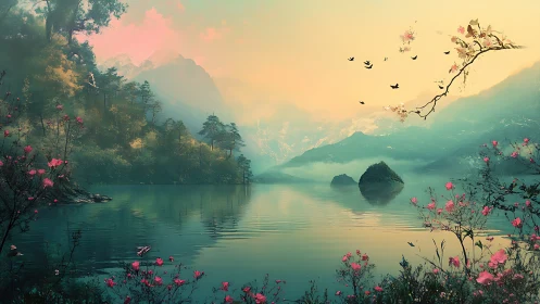 Dreamlike alpine lake beneath pastel dawn skyscape.