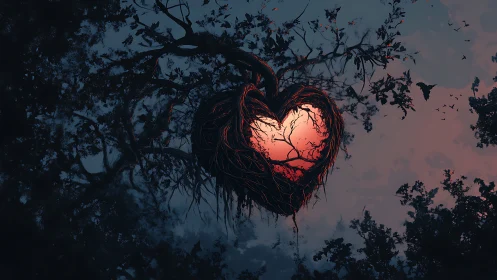 Heart-Shaped Void Illuminated by Crimson Glow Through Silhouetted Foliage