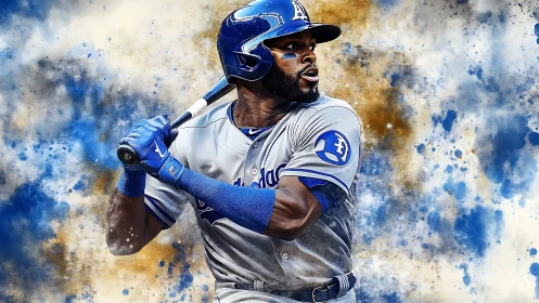 Power hitter readies swing amid blue gold splatter backdrop.