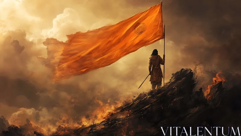 Lone warrior raising a glowing saffron flag in triumph.