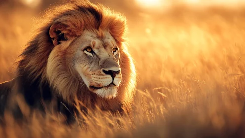 Sunlit lion king drifts through a molten savanna haze