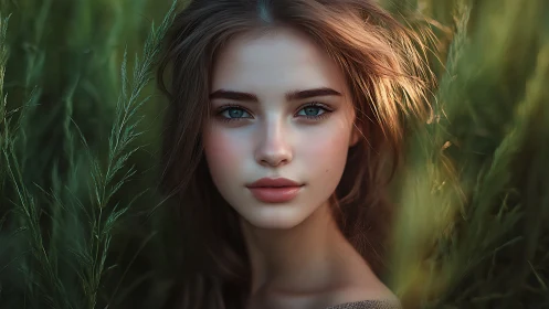Luminous portrait of young woman framed in emerald meadow.