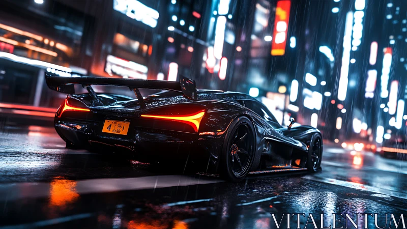 Carbon black hypercar cuts neon rainlit city avenue.