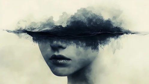 Surreal female portrait merges with stormlike cloud band