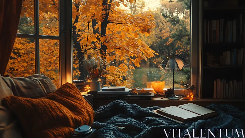 Cozy autumn window nook wrapped in blankets and golden leaves.