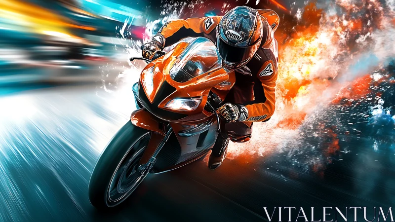 Motorcyclist cornering on sport bike amid dynamic light trails.