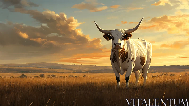 Longhorn cow stands in sunlit grassland under dramatic sky