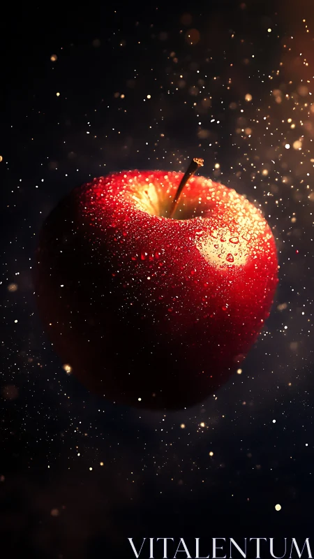 Backlit red apple with dew suspended in dramatic darkness