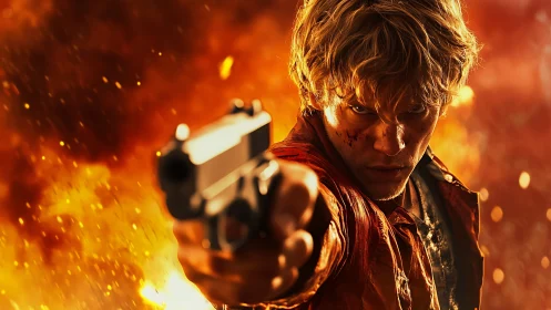 Gunman advances through roaring flames with fierce resolve.