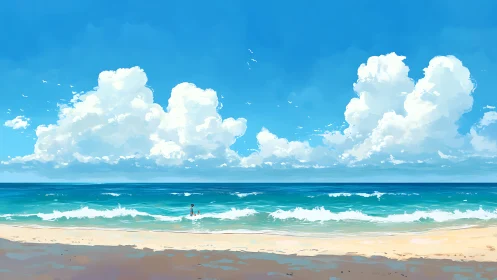 Coastal horizon panorama with cumulus clouds and swimmer.