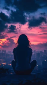 Silhouette of seated figure facing cityscape at dusk.