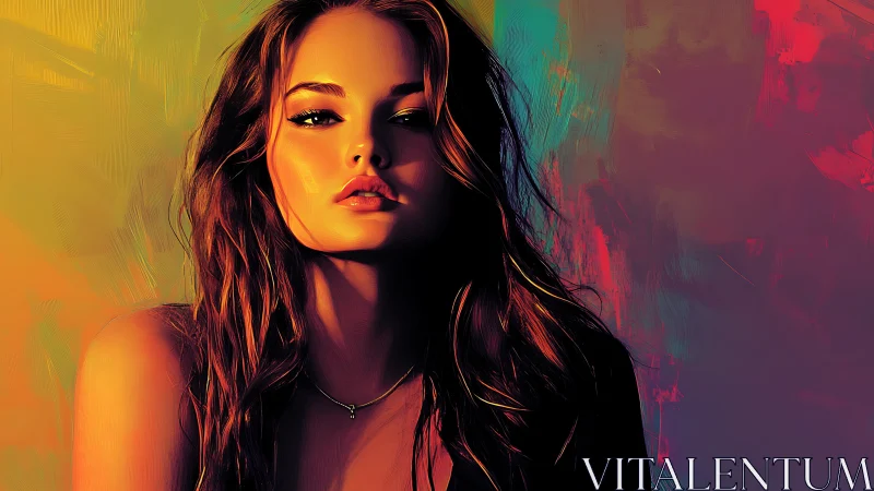 Radiant woman gazes softly against glowing painted colors