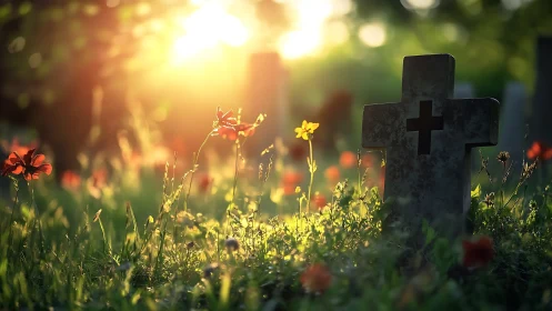 Gentle sunrise over a quiet graveyard blooming with flowers.