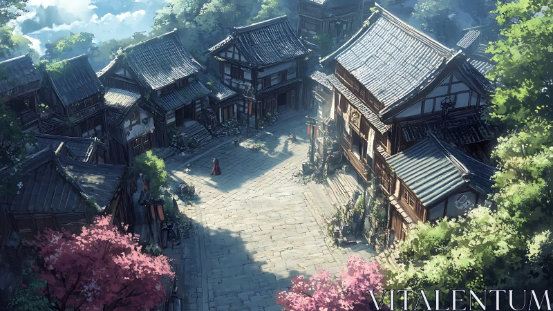 Sunlit mountain village square cradling a lone red wanderer.