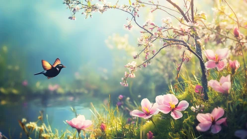 Enchanting bird in spring garden with cherry blossoms, fantasy style.