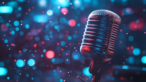 Retro chrome microphone amid neon bokeh concert lights.