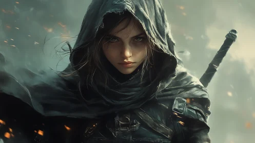Hooded female warrior stares forward holding a sword