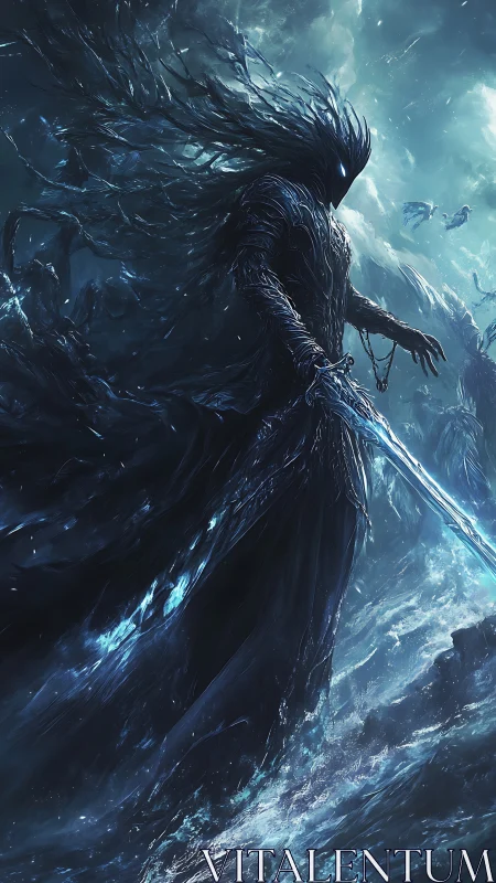 Armored shadow warrior stands over stormy, glowing sea