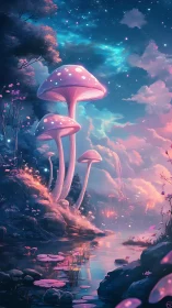 Bioluminescent mushrooms above reflective twilight waterway.