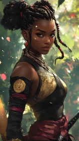 Warrior woman in detailed armor within sunlit forest scene.
