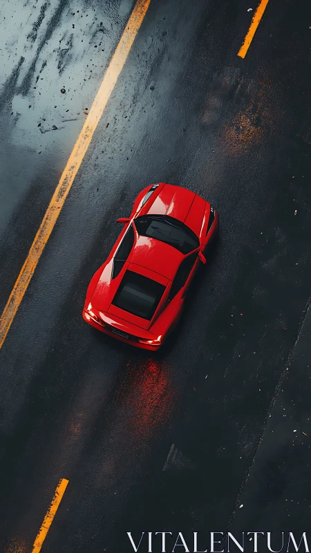 Scarlet coupe gliding down a rain-slick midnight ribbon.