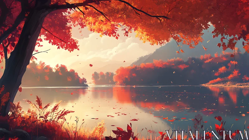 Golden autumn lake embraced by glowing red forest light.