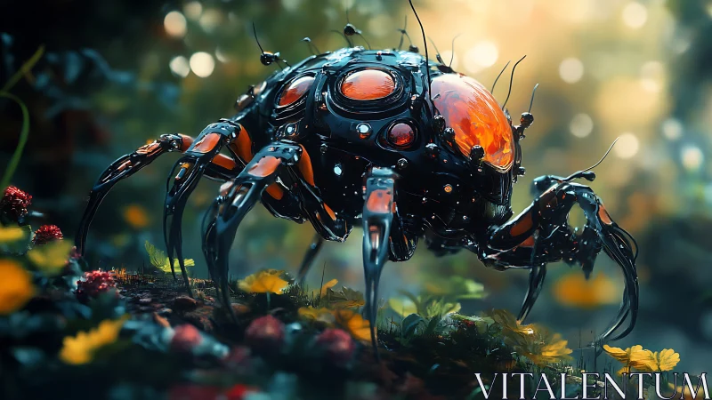 Cybernetic insect drone stalks luminous forest floor.