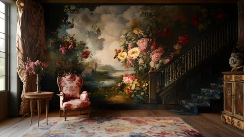 Velvet salon blooms against grand staircase and mural magic.