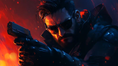 Midnight gunfighter carved from neon and embers.