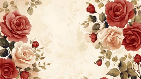 Vintage botanical wallpaper with red and blush roses on cream