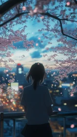 Twilight balcony dreamer beneath drifting sakura petals.
