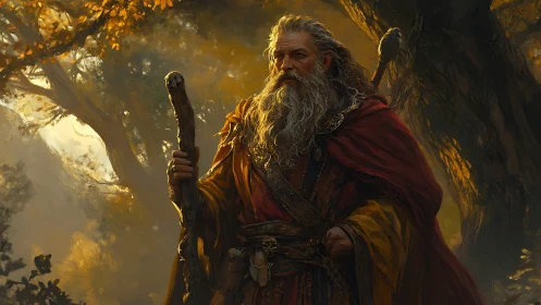 Forest sage strides through molten-gold autumn light.