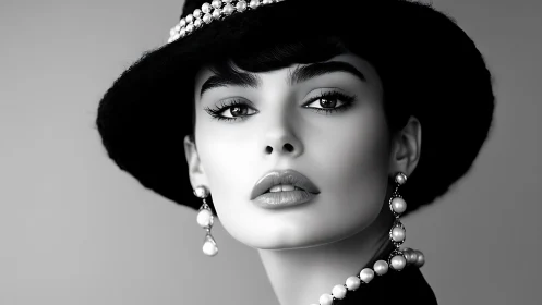 Velvet gaze of a pearl-clad muse in monochrome chic.