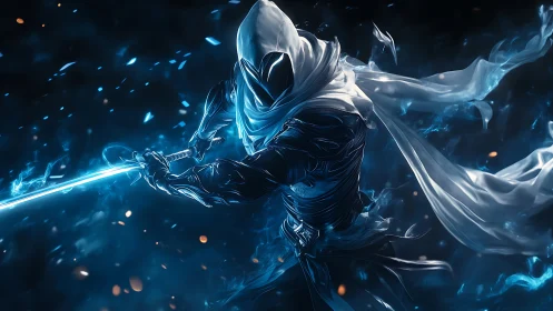 Hooded spectral swordsman cleaves through swirling blue energy