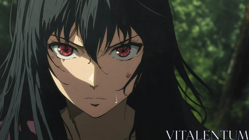 Determined anime warrior with red eyes in forest setting.